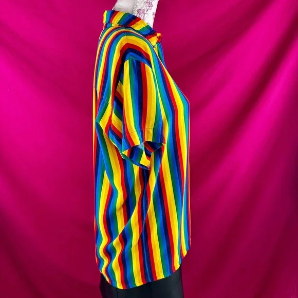A.LAB Rainbow Striped Button Up Short Sleeve Shirt XS Gay Pride Colorful Kidcore - Picture 10 of 17